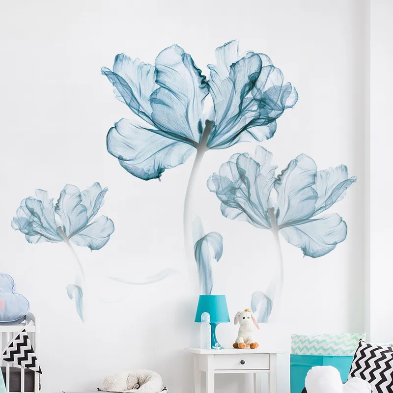 큰 북유럽 예술 블루 꽃 거실 장식 비닐 벽 스티커 DIY 홈 장식 현대 침실 벽 포스터