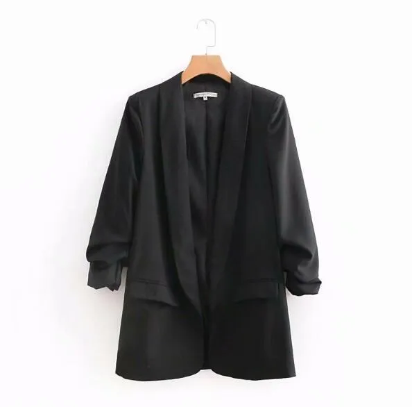 Chic bonbon couleur unie ruché manchette mi-long Blazer avec doublure femme col châle coupe ajustée costume veste décontractée manteau vêtements d'extérieur 220402