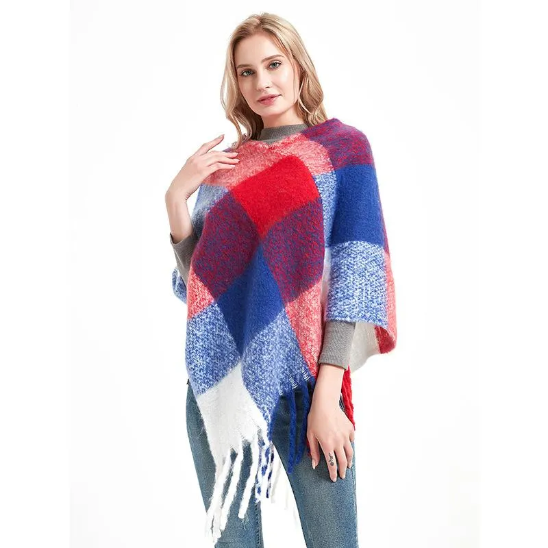 スカーフデザイナーの女性冬の格子縞のポンチョスクエアパシュミナバンダナカシミア厚い毛布編み暖かい柔らかいショールとラップスカル246E