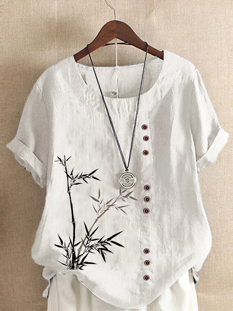 여자 여름 캐주얼 대나무 프린트 느슨한 tshirts 빈티지 둥근 목을 플러스 크기 짧은 슬리브 블라우스 탑 S5XL 220615