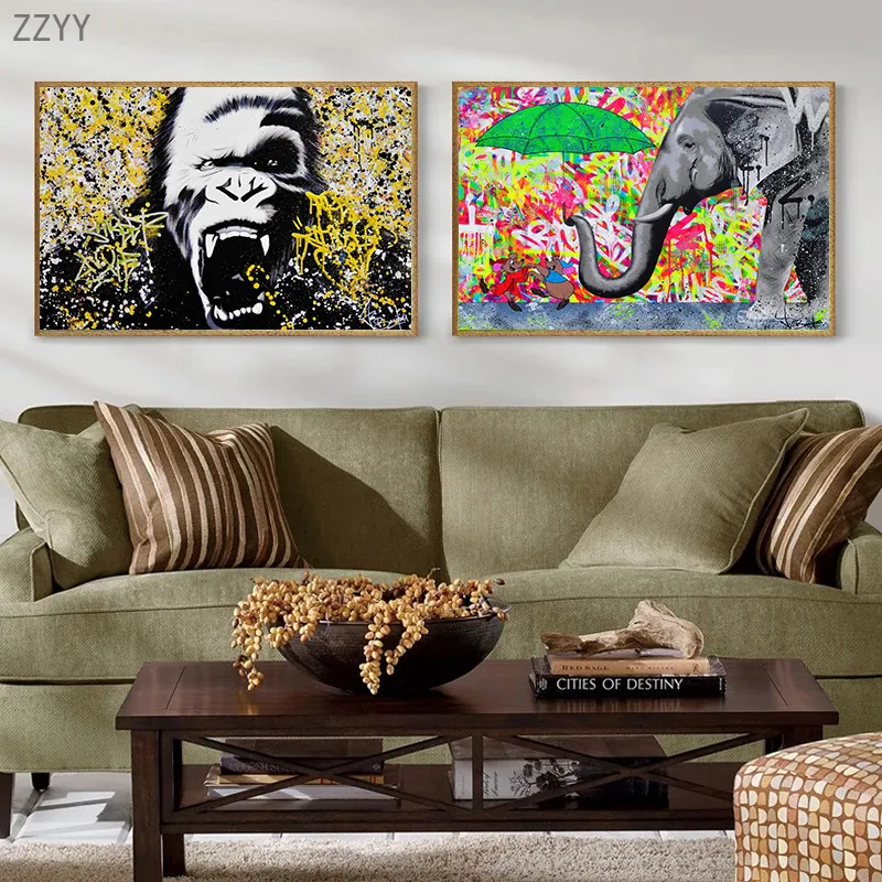 Astratti animali colorati arte tela pittura ruggente scimpanzé arrabbiato zebra elefante pop art poster wall art immagine decorazioni la casa