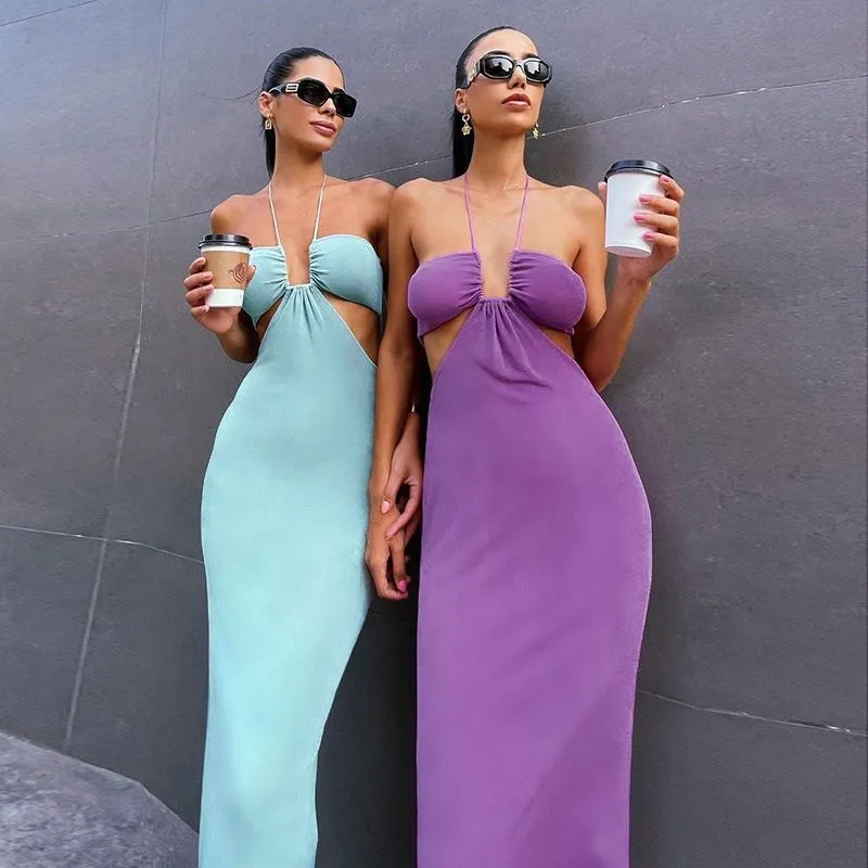 Women Halter Cut Out Backless Corset Midi Dress High Waist Split Slim Grunge Vestidos Summer Party Club Kawaii Elegant Robe 220402