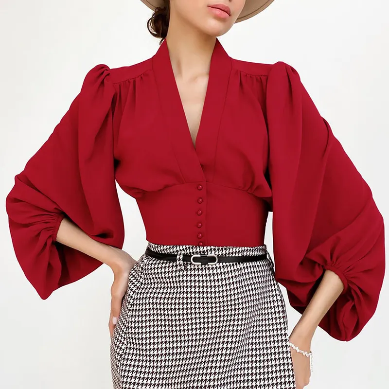 Puloru Vintage da donna Camicie con maniche a lanterna Elegante moda tinta unita con scollo a V Camicia abbottonata Crop Top Autunno Primavera Slim Top 220317