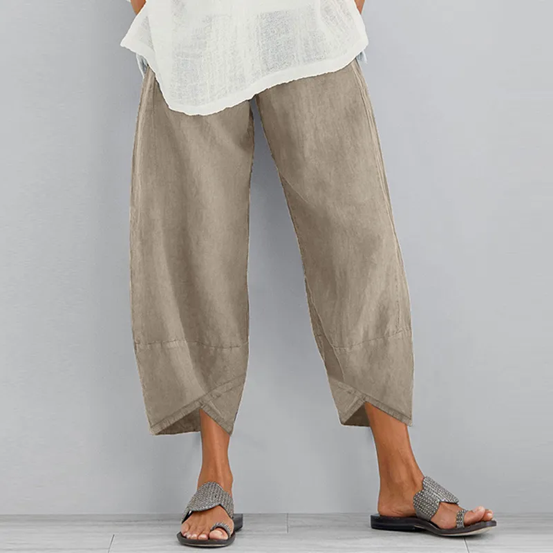 Pantalon sarouel Vintage pour femmes, décontracté, ample, imprimé, taille élastique, coton et lin, jambes larges, Pantalon irrégulier, court, 220616