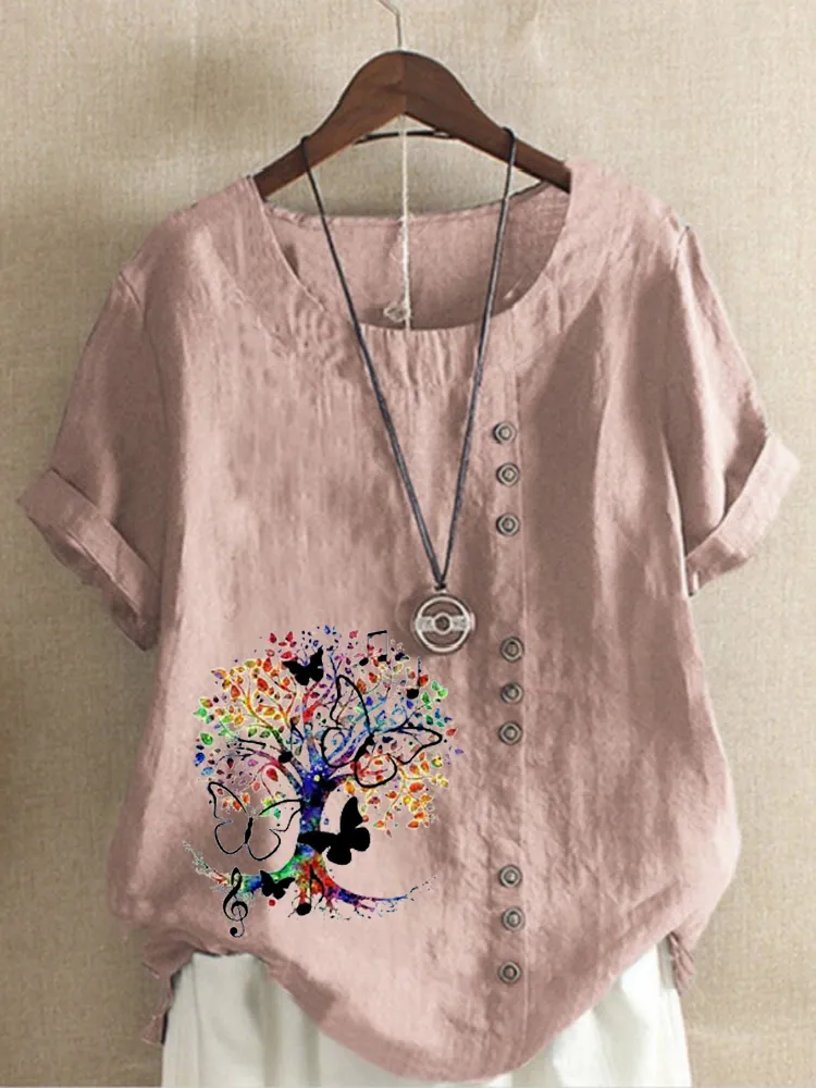 여성 패션 여름 음악 트리 프리린 둥근 목 짧은 소매 Tshirt 캐주얼 한 느슨한 단색 블라우스 탑 플러스 크기 220615