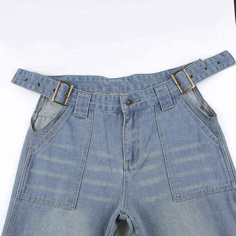Kvinnors jeans Suchcute Korean Fashion Side Cut Out Jeans Women Low Rise Bangdage Button Up Blue Trouser Vintage Loose Denim Pants High Street T220829
