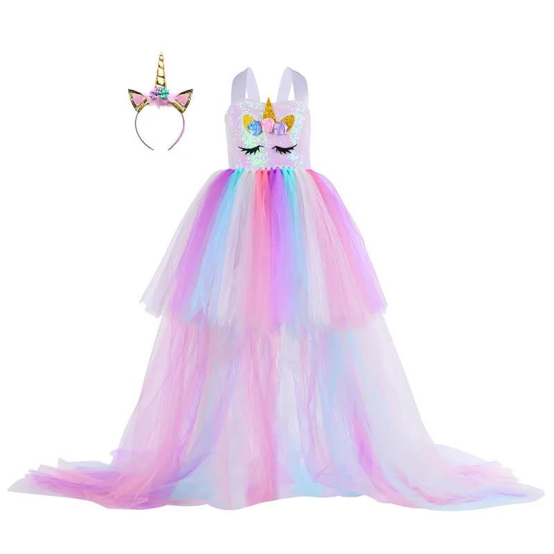 Leuchtendes Sommerkleid für Mädchen mit langem Schwanz, ausgefallene Mädchen-Prinzessin, Geburtstagsfeier, Tutu-Kleider, Halloween-Kostüm, Geschenk 220426
