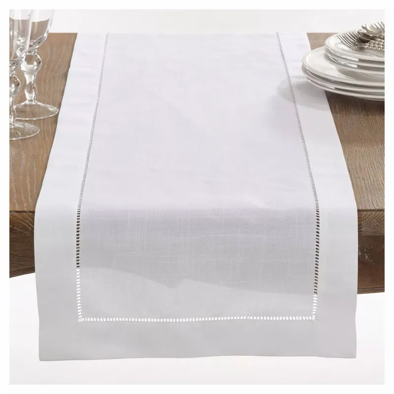 동백 CASA CASA 클래식 헴 스티치 테이블 러너 특별히 처리 된 폴리 에스테르 린넨 외관 세척 가능한 자연 흰색 컬러 220615