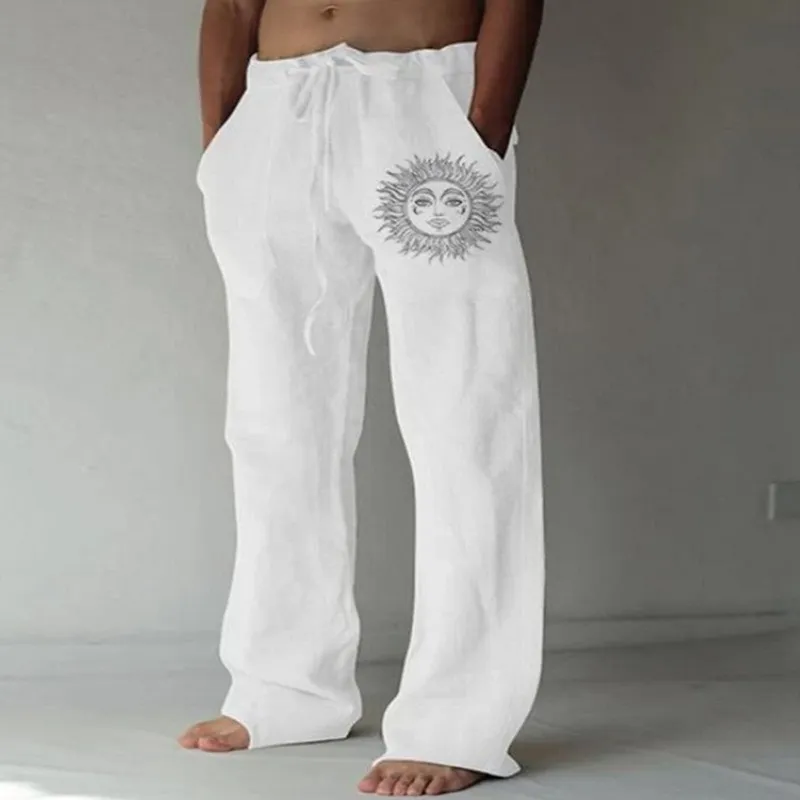 Mens Casual Pants sweatpants Sun Flower Print Full Length Pants Pocket Drawstring Linen Trousers Men 220621