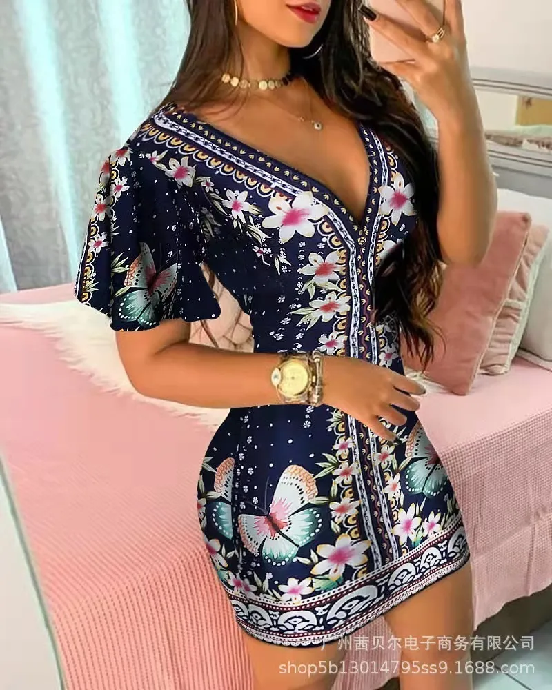 Mulheres elegantes vestidos de bolinhas de estampa de lenço de lenço de cachecol de babados de manga Floral V Bodycon Clubwear 226014