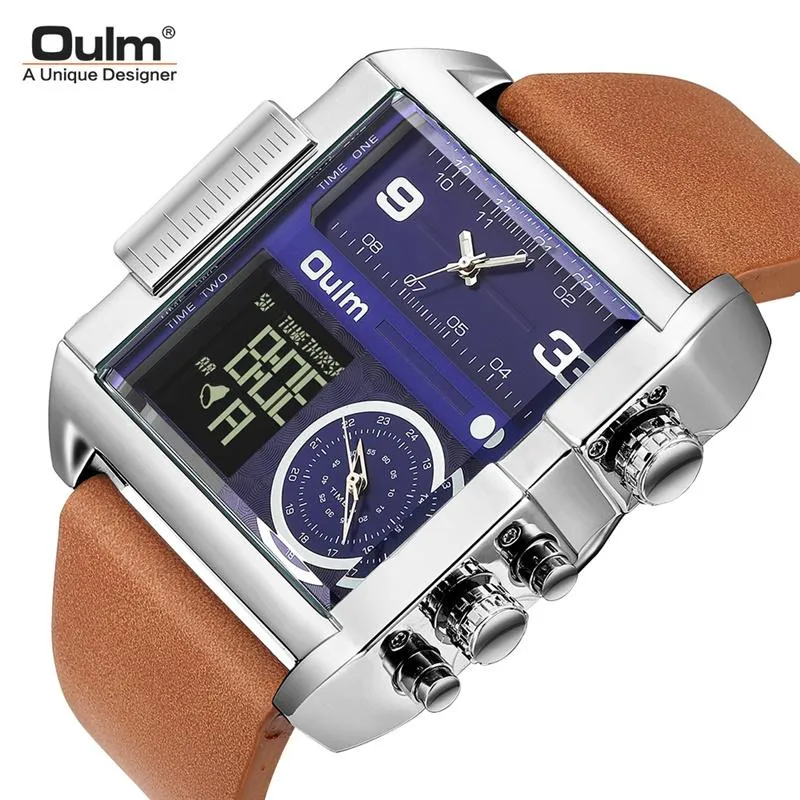 Wristwatches Oulm Big Dial LED Digital Watches Men Three Time Zone Quartz Watch Dual Display Male Sport Leather Wristwatch302i