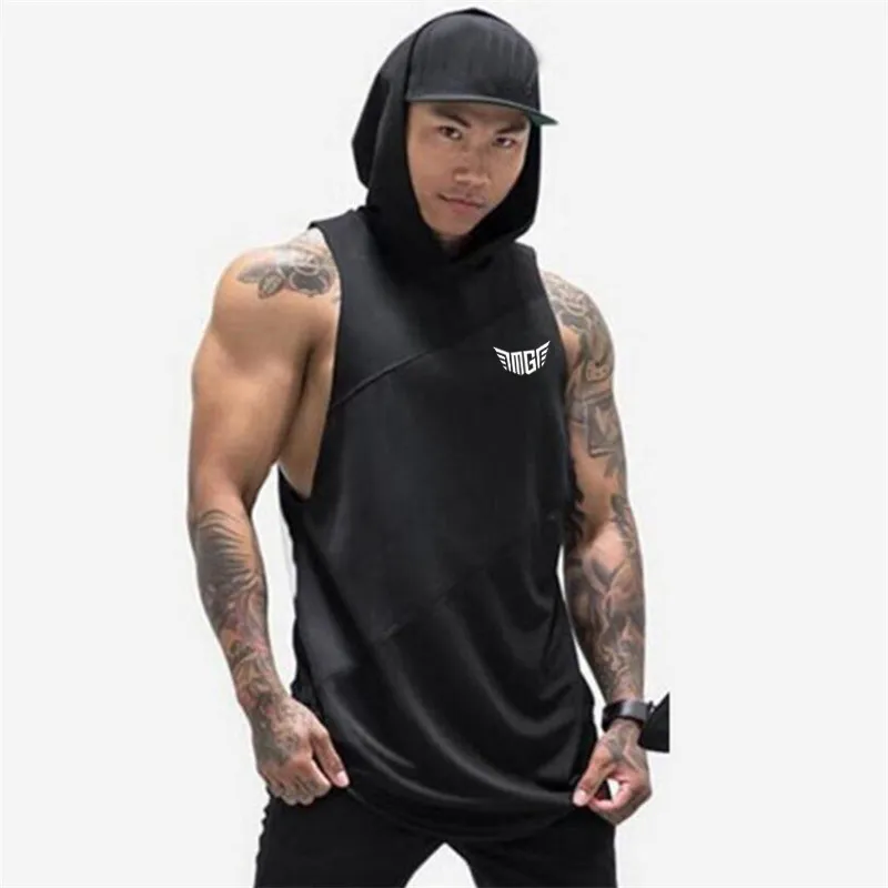 Märke Fitness Kläder Bodybuilding Mens Tank Top With Hooded Gym Stringer Hoodie Tops Workout Singlet Ärmlös tröja 220331