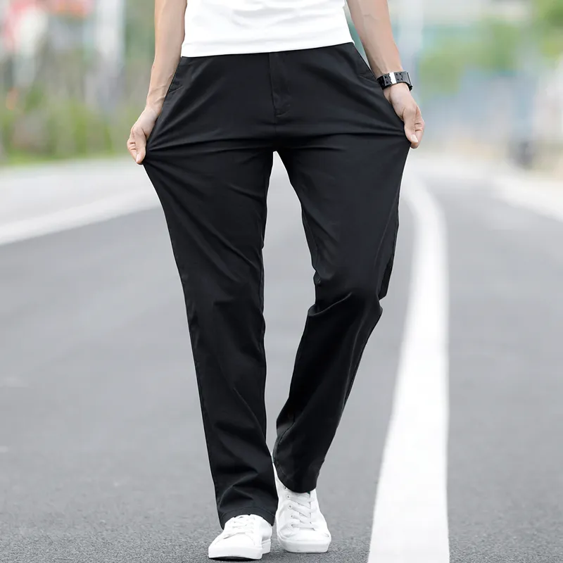 Летние мужские тонкие хлопковые хаки повседневные брюки бизнес сплошной цвет растягивающие брюки бренд мужской серый плюс размер 40 42 220330