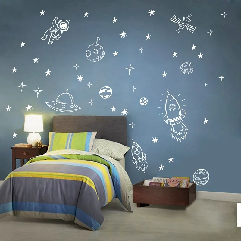 Rocket Ship Astronaut Creative Vinyl Wall Sticker voor jongenskamerdecoratie Outer Space Decal kinderkamer kinderen slaapkamer decor NR13 220607