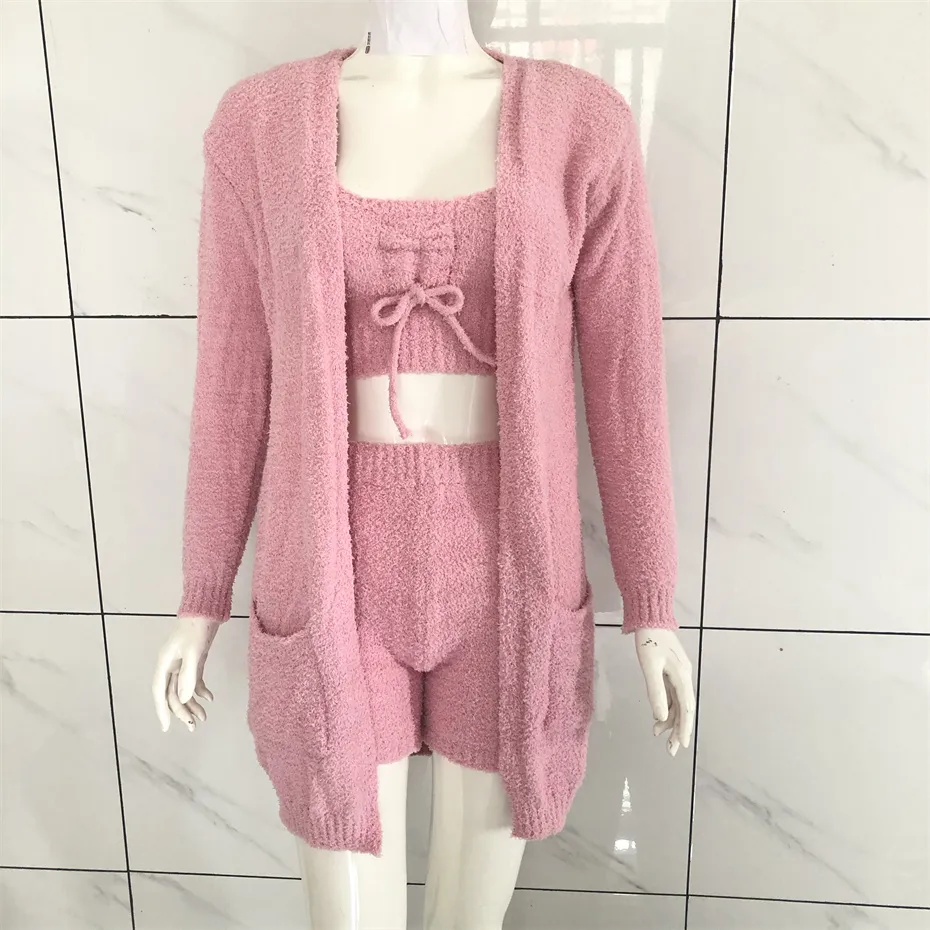 Womens Sleepwear Plush Home Wear Set da 3 pezzi Fashion Casual Solid Cardigan Vest Shorts Abiti all'ingrosso K10185