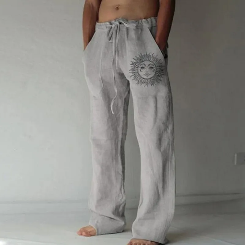 Mens Casual sweatpants Sun Flower Print Full Length Pants Pocket Drawstring Linen Trousers Men 220707