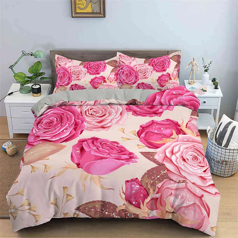 ロマンチックな花羽毛布団カバーローズ花柄の寝具セット現代の3Dプリント女の子のための結婚式バレンタインデーの装飾