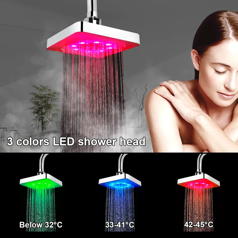 7色のシャワーヘッドLED降雨スプレー3色温度センサーウルトラキエットスクエア固定バスルームショーセット220809