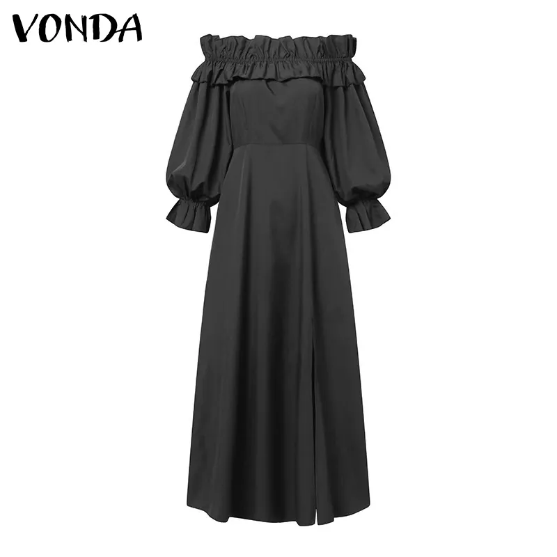 Off Shoulder Maxi Dress VONDA Women Vintage Long Sleeve High Slit Party Ruffled Dress Casual Vestido Oversized Robe Femme 220531