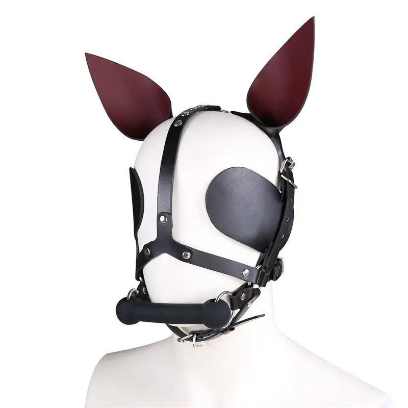 Fetish Leather Harness Head Piece Hood Masque avec Silicone Bone Mouth Gag Ears Eye Shade Bit Blindfold pour Pony Pet Cosplay Bdsm 220726