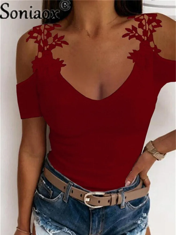 Summer Lace Petal Short Sleeve Solid Color Ladies T Shirt Women Overize Off Shoulder V Neck Slim Casual Tops Tee Tunic 220728
