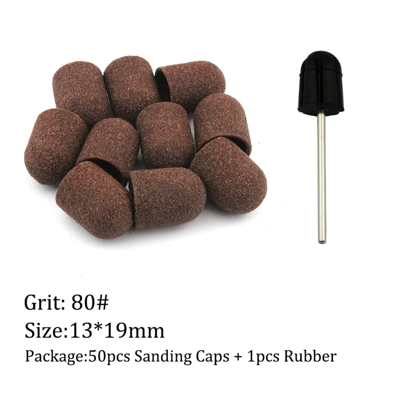 50 stks / set 80 # grit nagarend caps rubberen grip pedicure polijsten zandblok elektrische boor accessoires bit manicure gereedschap