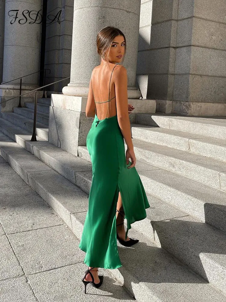 FSDA – robe mi-longue en Satin vert, dos nu, sans manches, épaules dénudées, Sexy, moulante, tenue de soirée, été, 220702