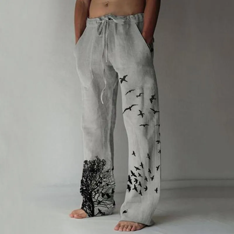 Męskie spodnie mężczyźni swobodny stylowy latający ptak koronkowy koronkowy w górę talii vintage długie męskie spodnie streetwear jesienne zima 220826