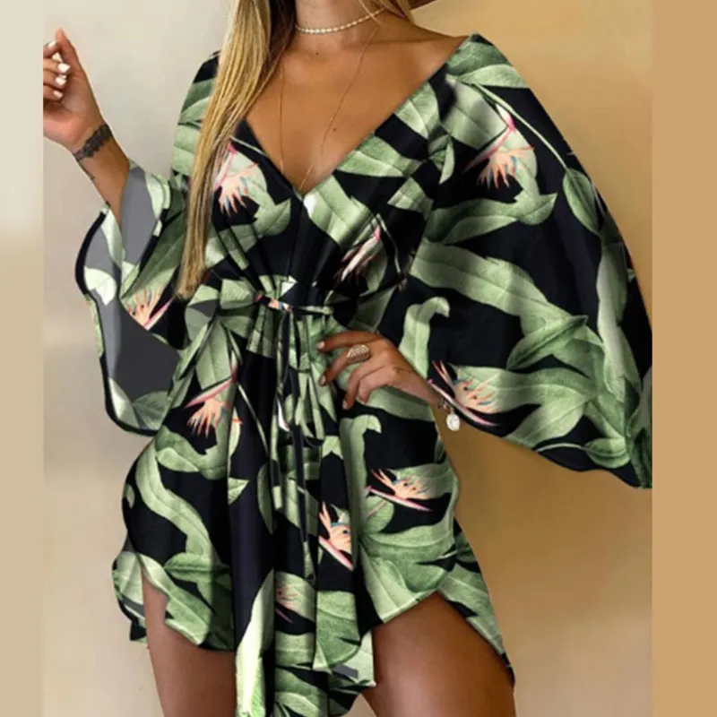 Casual Leaf Leopard Print Harajuku Batwing Sleeve Dress Lady Elegant Lace-Up Irregular Party Dress Sexy V-Neck Women Mini Dress 220510