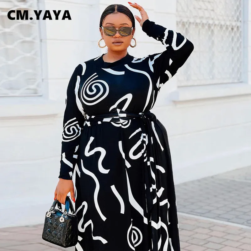 CM.YAYA Autunno Inverno Donna Stampa geometrica O-Collo con fasce Maxi abito manica lunga Elegante Plus Size INS Abiti lunghi 220516