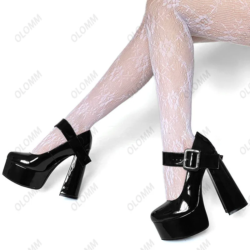 OLMM2023 NOWOŚĆ Kobiet Platforma Pumps Patent Bluckle Chunky Heels Okrągłe palce Wspaniałe czerwone białe nocne buty klubowe Kobiety rozmiar 5-15