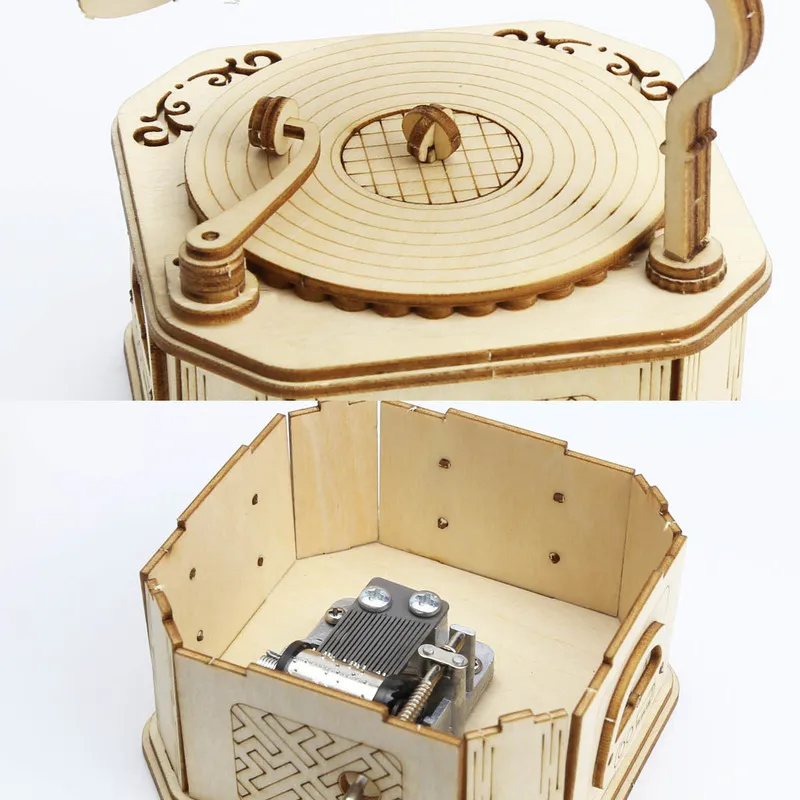 Phonograph Wooden Music Box DIY Mechanism Assembly Model Building Kit 3D Puzzle Desk Decoration Birthday Gift 220725