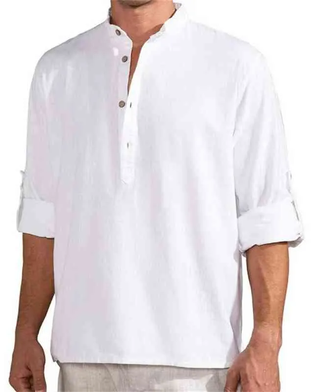 2022 nouveaux hommes chemisier décontracté coton lin chemise hauts amples à manches longues t-shirt printemps été mode pull hommes t-shirts L220704