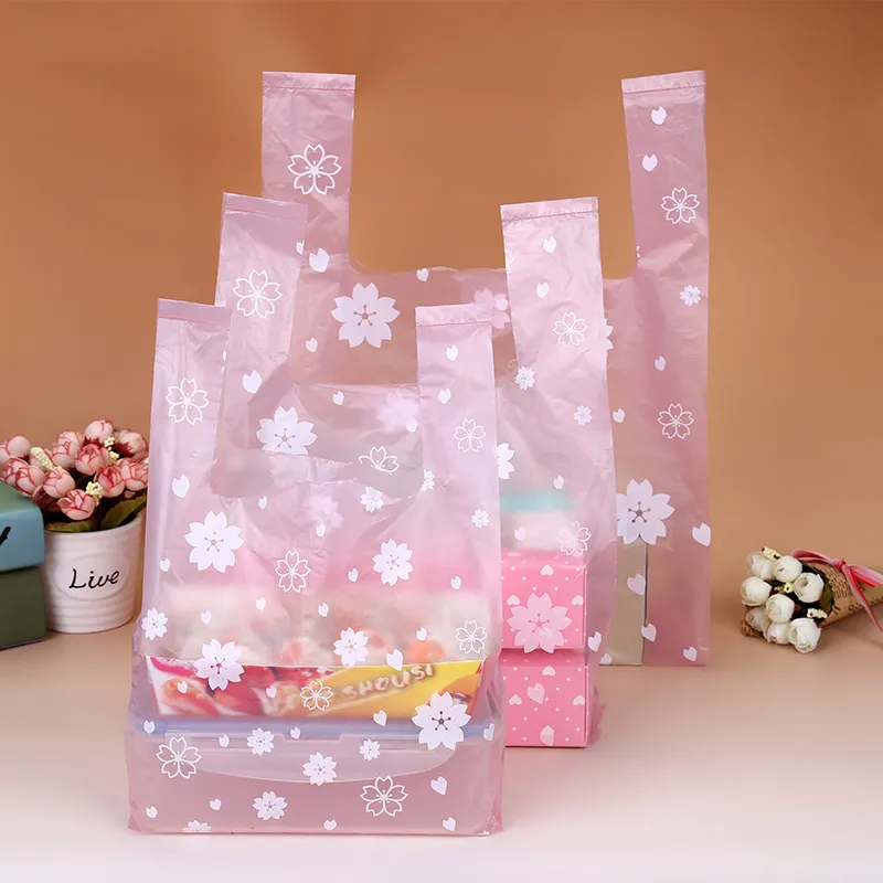 100 pz/lotto Supermercato Shopping sacchetti di plastica Rosa Cherry Blossom Vest Regalo Sacchetti cosmetici Sacchetto di imballaggio alimentare Sacchetto di caramelle 220427