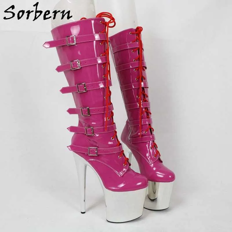 Sorbern Silver 20Cm Heels Boots Pole Dance Knee High Stripper Heels Shiny Drag Queen Boot Custom Wide Slim Fit Calf Boot