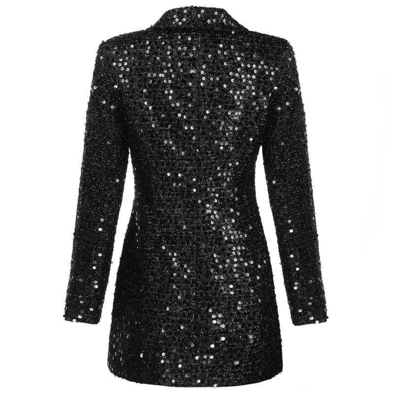 High Quality Fashion Designer Blazer Women Double Lion Buttons Shawl Collar Glitter Sequined Long Runway Black Blazers 220812