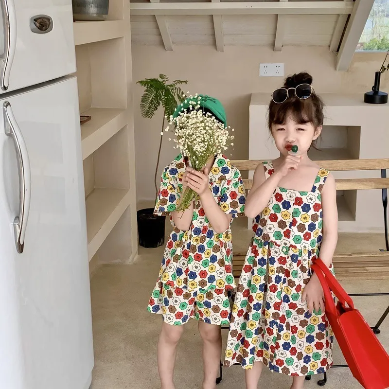 Mi Summer Boys Shorts Girls Flower Suspender Dress Brother and Sister Set 220615