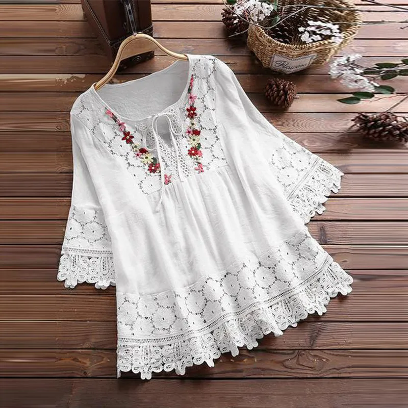 Vrouwen S Lace Crochet Blouse Elegante borduurbanden Hollow Up Shirts Cotton Linen Plus Size Blusas Chemise 5xl 220628