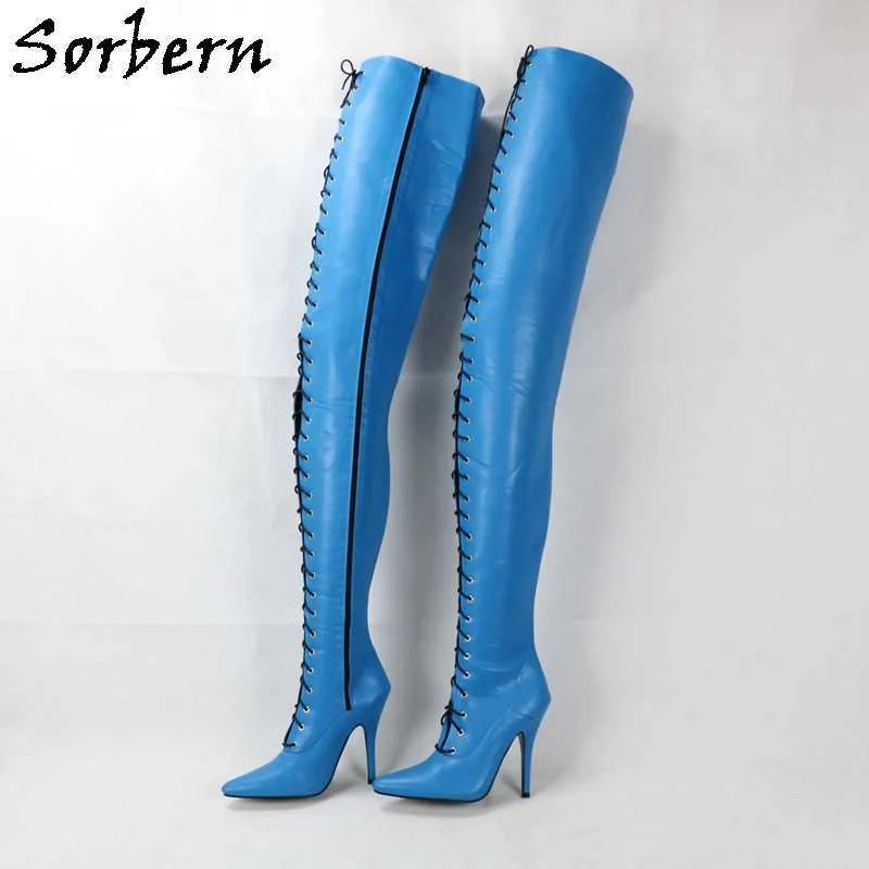 Sorbern Aşırı Uzun Boot Özel 95 cm Kasık Uyluk Yüksek Çizmeler Kadınlar Lace Up 18 cm Stiletto Çizmeler Kişiselleştirilmiş Mil Buzağı Genişliği