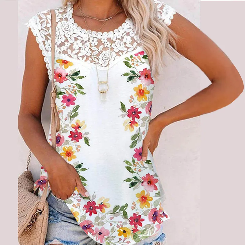 2022 Summer New Women Sleeveless Floral Printed Tank Top Casual Loose Temperament Sexy Lace O-Neck Patchwork T-Shirt Vest Female