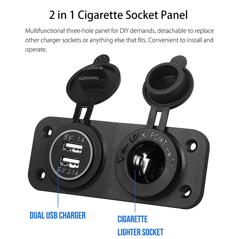 Dual USB Charger Socket 12V/24V Power Outlet Waterproof Cigarette Lighter Socket for Rocker Switch Panel Car Marine Boat UTV ATV
