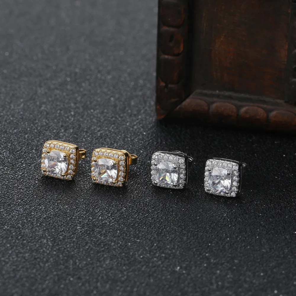 Square Zircon Stud Earrings for Men Women CZ Earring High Quality Pink Silver Gold Colors Fashion Jewelry for Gift276j