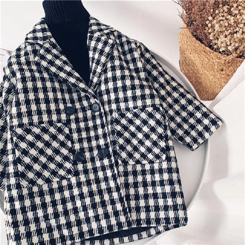 Mantel Baby Junge Mädchen Woolen Plaid Jacke Lange Zweireiher Warme Kind Revers Tweed Mantel Baumwolle Gepolsterte Baby Outwear Kleidung 110Y 220826