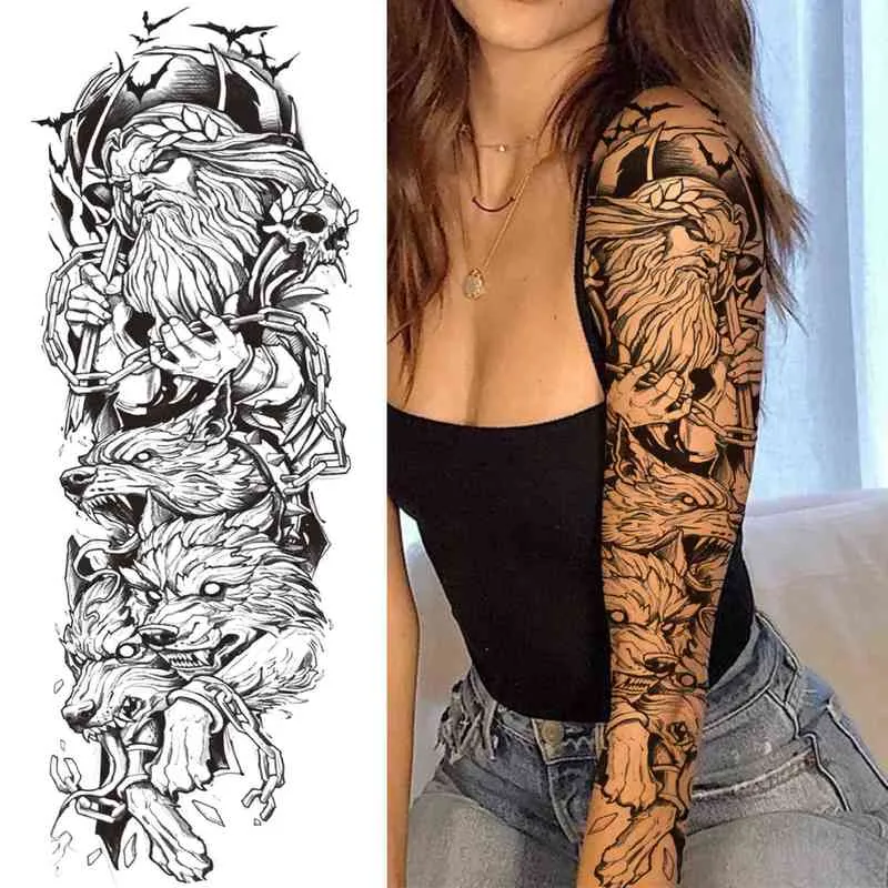 NXY Temporary Tattoo Black God Wolf Sleeve s for Women Men Adult Skull Geometric Sticker Fake Flower Full Arm Tatoos Realistic 0330