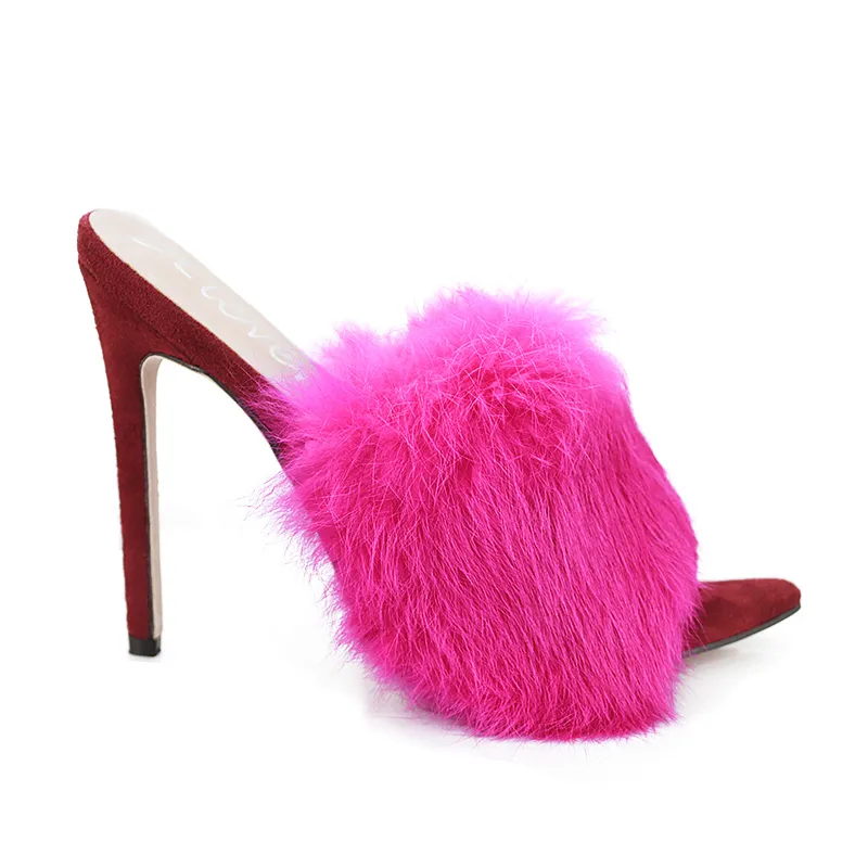 Luxe Furry Slide Sandales Chaussures Femme 2019 Été Fluffy Fourrure Talons Hauts Peep Toe Pompes Femmes Talon Femme Sexy Chaussure De Mariage 0227