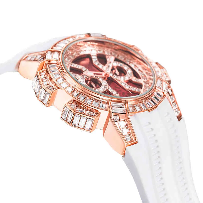 NIEUWE HIP HOP HOORDEN MEN MENS LUXury Brand Epic X Series Rose Gold Baguette Diamond AAA White Rubber Chrono Red Male Watch