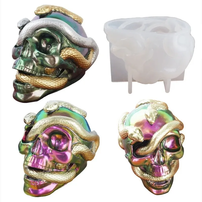 Skull Snake Head DIY Epoxy Resin Mold Double Silicone s Halloween Haunted Horror House Desk Decor Candle 220721