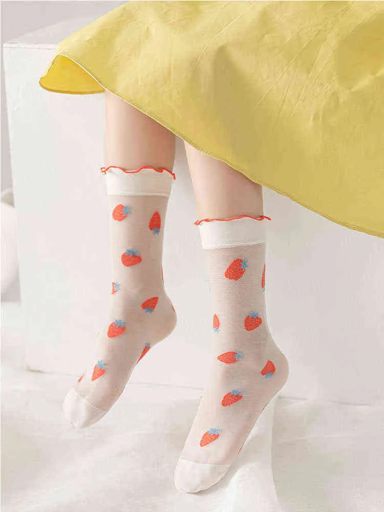 Cartoon Flower Fruit Solid strisce bianche sopra calze alla caviglia Estate sottile trasparente volant corto tubo calzino di pizzo ragazze Baby J220621