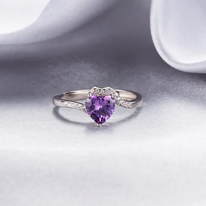 S925 Sterling Silver Women s Ring Punk Couple Resizable Purple Heart Shaped Zircon Wedding Gift Luxury Original 925 Jewelry 220708