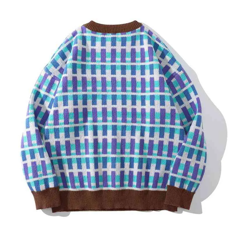 2021 Korean Fashion Color Block Plaid Stylish Men Oversize Knitted tröja Runda hals Casual Women Kpop Tops Pullover Pull Homme T220730